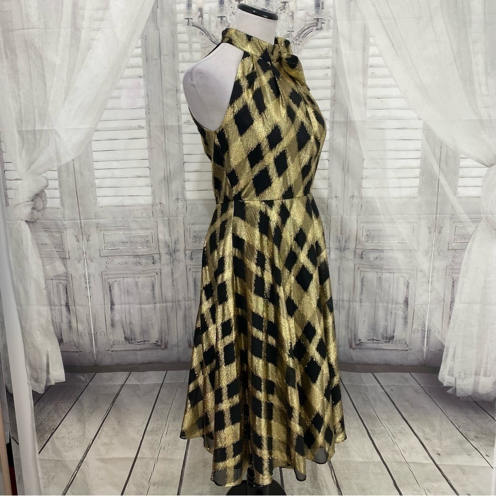 Maggy London Size 4 Metallic Gold Black Plaid Cross Over Halter Dress Fit Flare - Picture 8 of 13